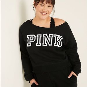 Pink Logo pullover with off the shoulder sleeves!